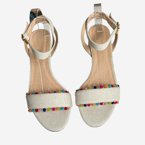 J Crew Lottie Sandals Size 9.5 Rainbow Pom-Pom Ivory Ankle Strap Buckle Closure - Picture 3 of 10